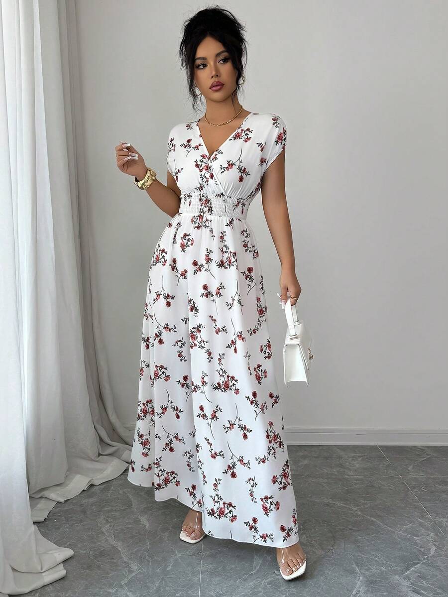 Elenzga Women V-Neck Allover Print Casual Long Dress