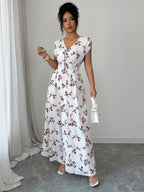 Elenzga Women V-Neck Allover Print Casual Long Dress