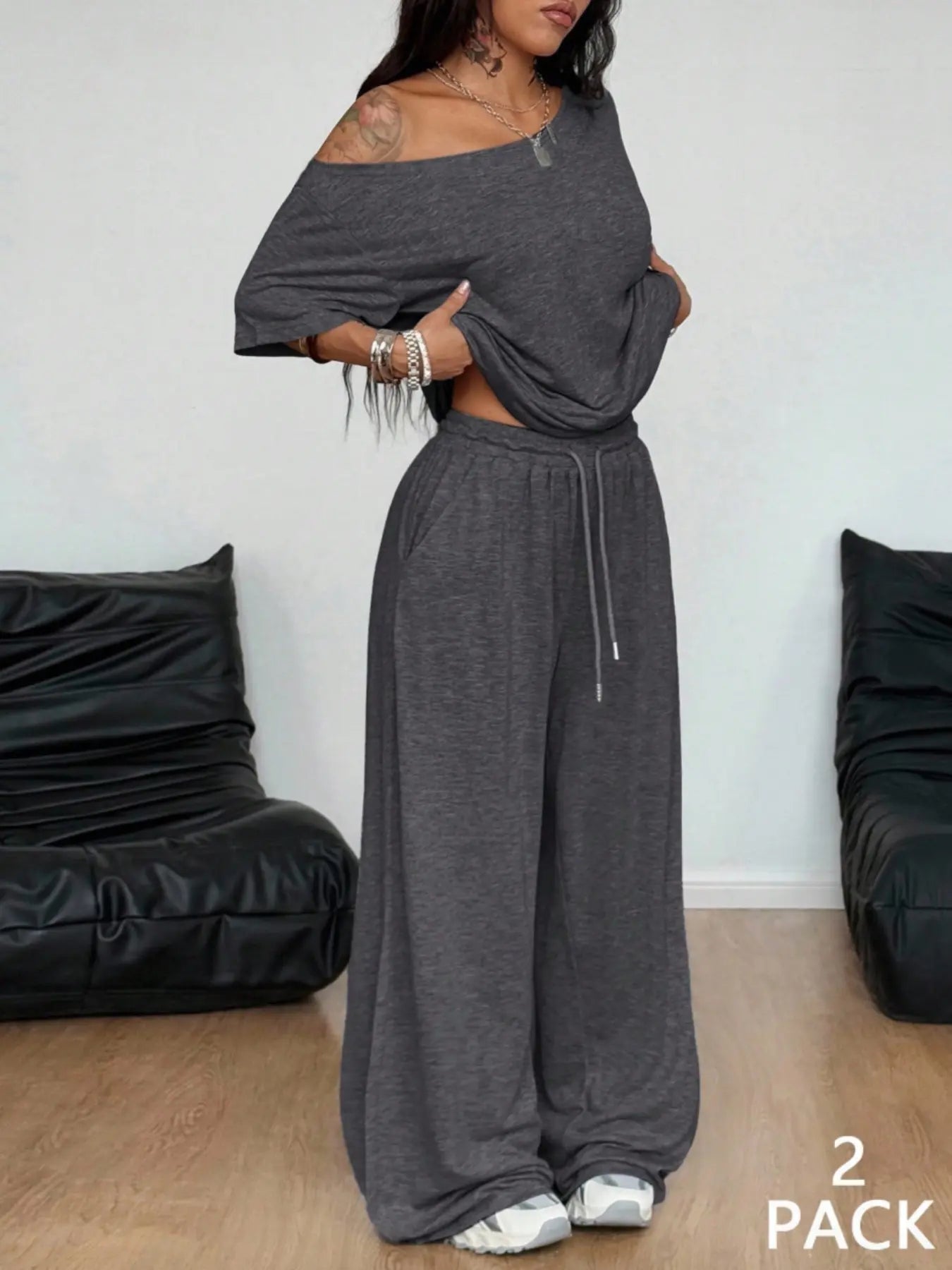 Women's Minimalist Off Shoulder T-Shirt & Wide Leg Pants Set