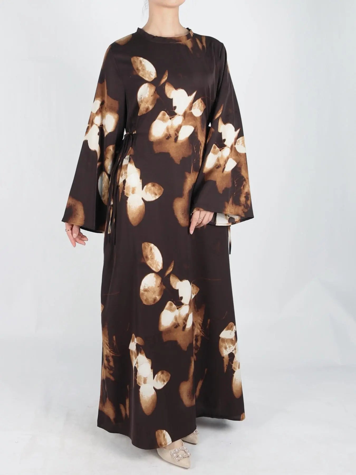 Women's Tie Side Zipper Back Dress, Elegant Long Sleeve Belted Abaya Dress for Daily Wear, Ladies Islamic Clothing for All Seasons, Round Neck Abayas