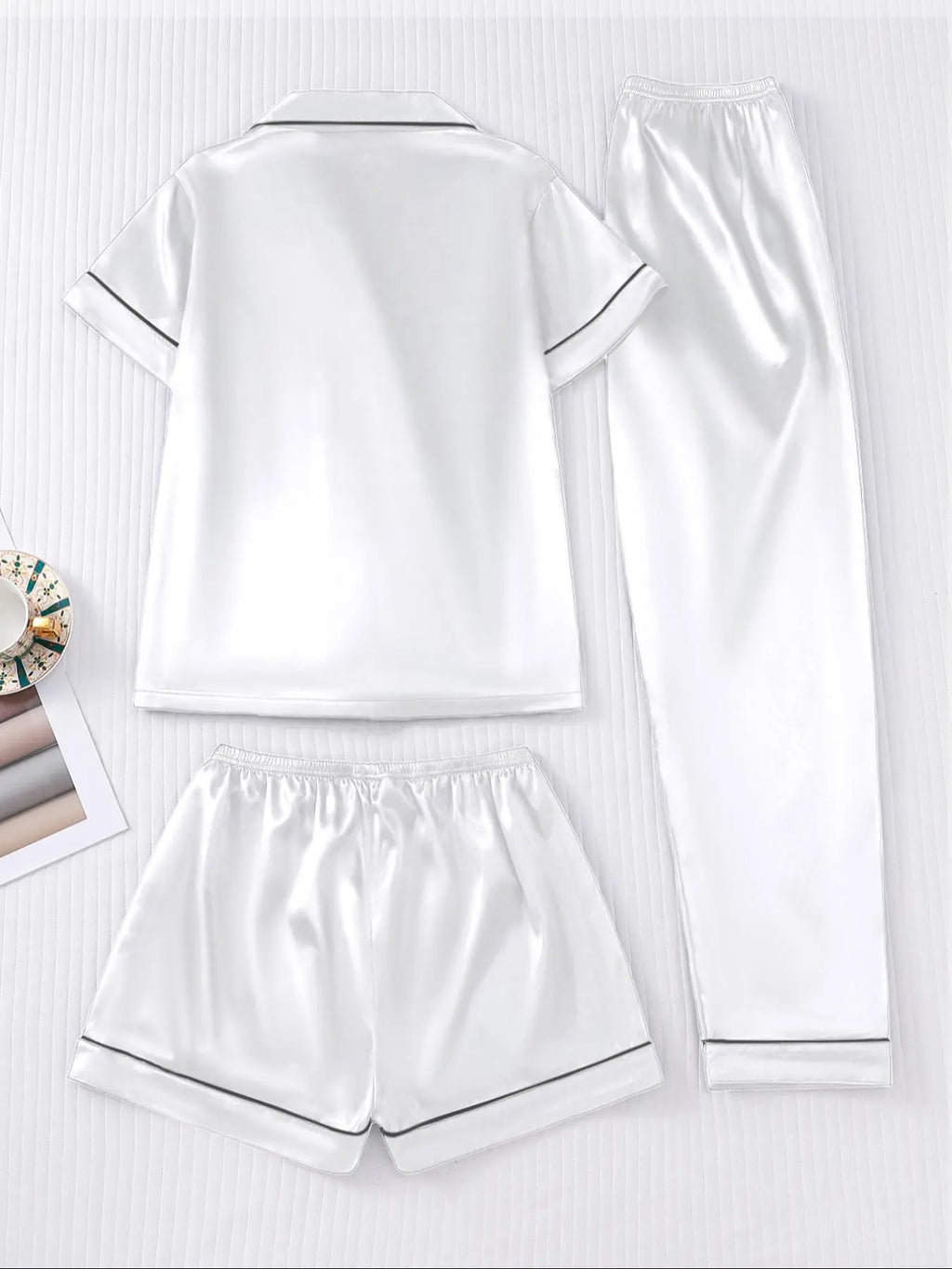 Women's Solid Satin Pyjama Three-piece Set