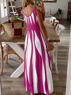 Summer New Arrival Women's Casual Sleeveless Striped V-Neck Long Dress, Sweet Style Elegance Loose-Fitting Daily Wear, Perfect for Outdoor Activities