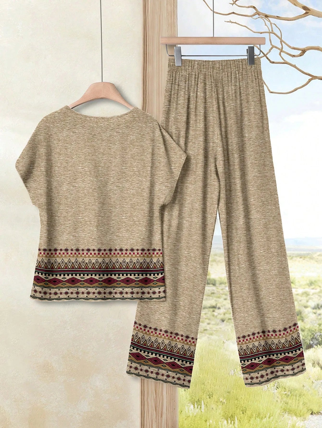 Women's Navy Blue Floral Summer Boho Casual Vacation Holiday 2 Pieces Outfits Plants-Pattern Pants And Round Neck Batwing Sleeve Blouse Woven Set