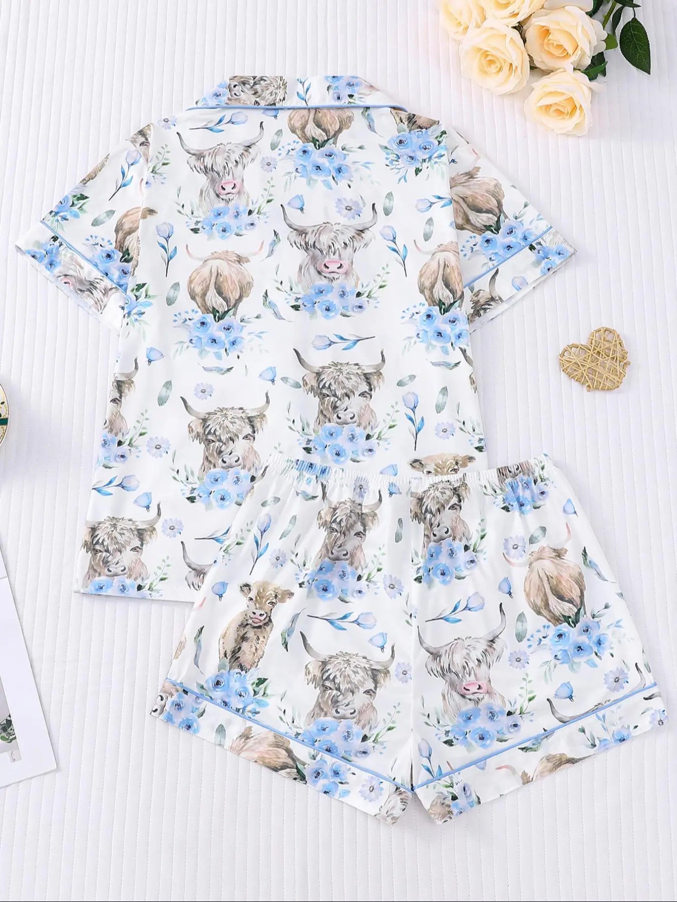 Women's All-Over Cow-Print Contrast-Trim Shirt & Elastic-Waist Shorts Pajama Loungewear Set