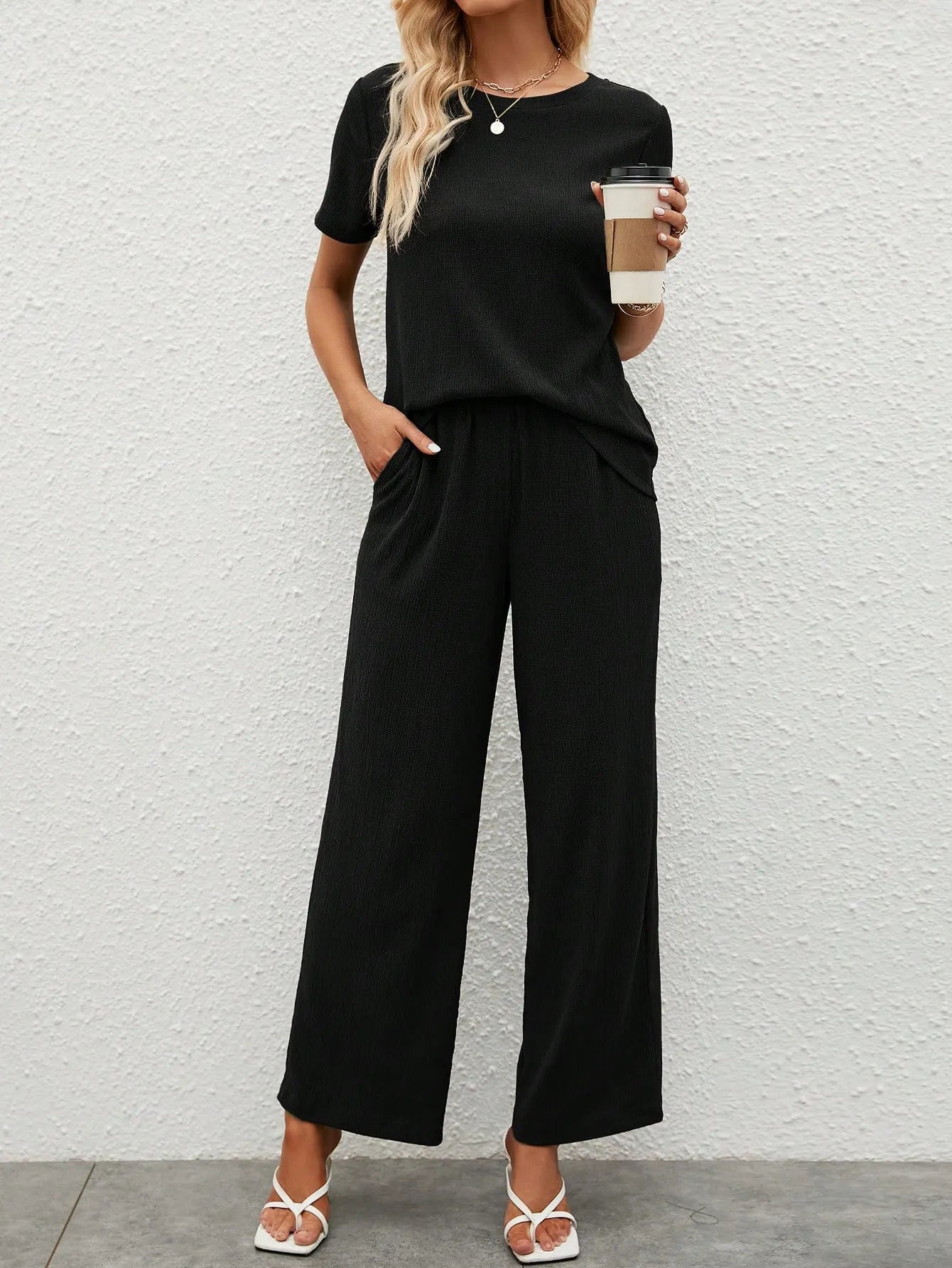 Solid Tee Wide Leg Pants,Casual Travel Coffee Brown Summer