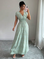Elenzga Women V-Neck Allover Print Casual Long Dress