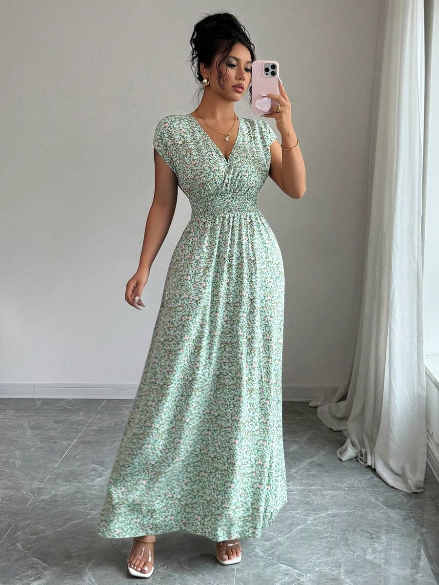 Elenzga Women V-Neck Allover Print Casual Long Dress