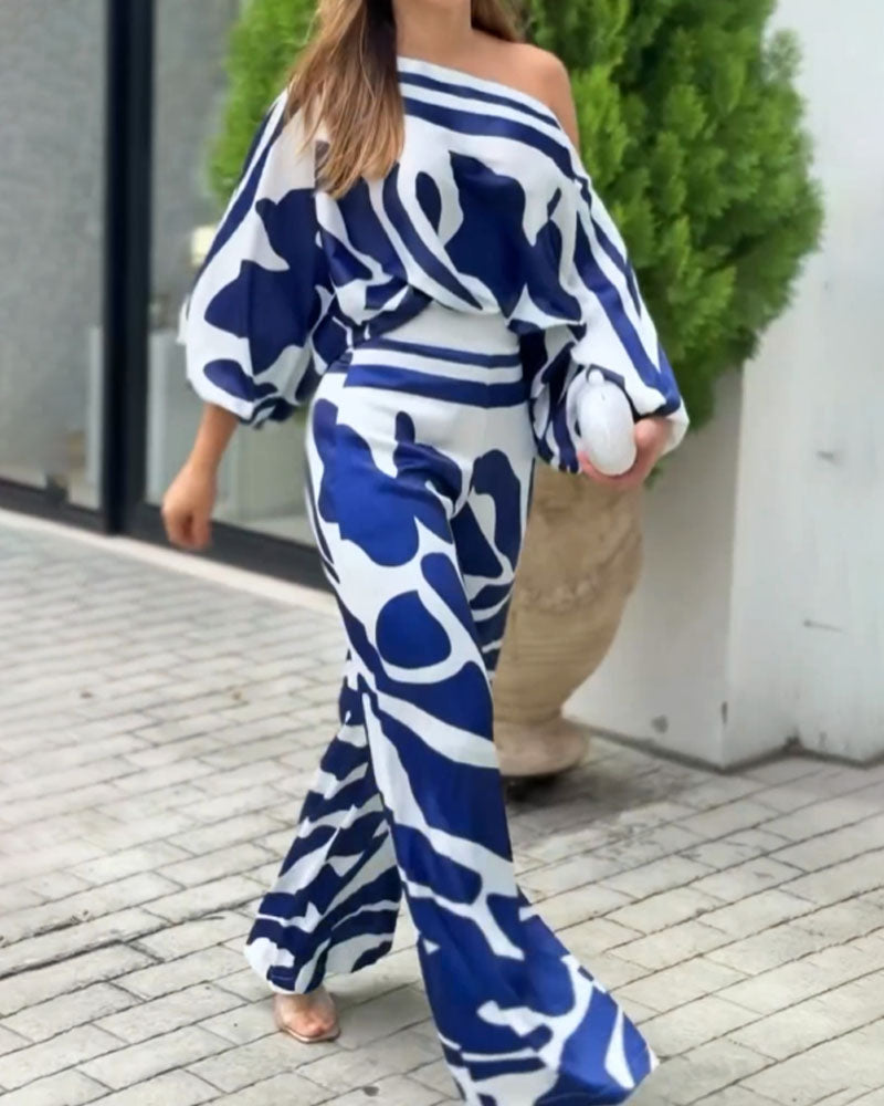 Fashionable Two-Piece Shoulder Loose Top & Pants Print Set