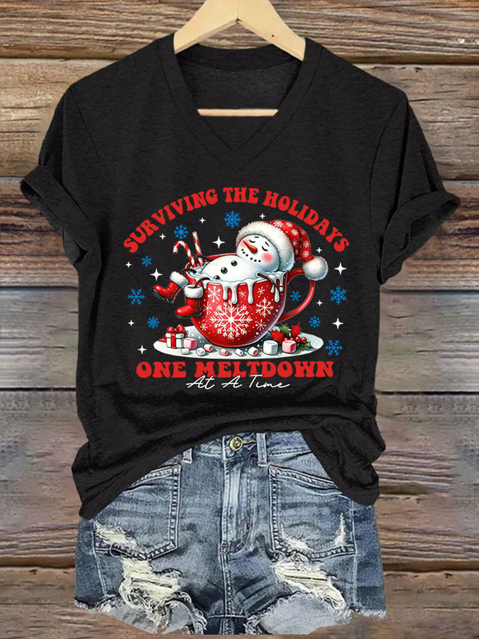 V-Neck Retro Christmas Snowman In Coffee Surviving The Holidays One Meltdown At A Time Print T-Shirt