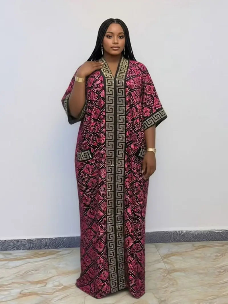 Plus Size African-Style Kaftan Dress for Women, Geometric Print Ethnic Loose V-Neck Boubou with Pockets for Casual Boho Chic Party Wear, Comfortable and Stylish