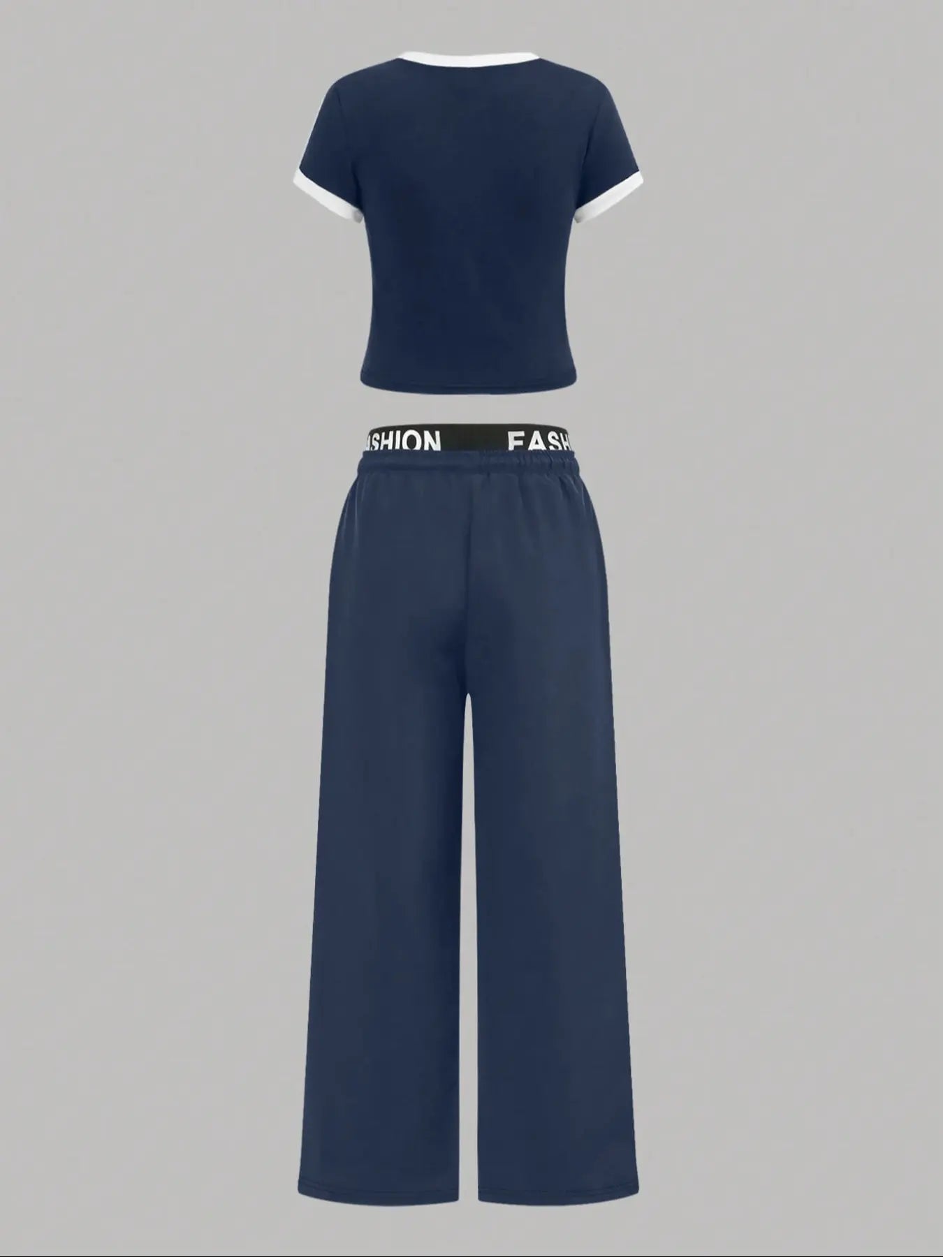 Hot-girl Style Contrast Binding Short Top and Letter Tape Wide Leg Pants, Women's Black & White Two-piece Set