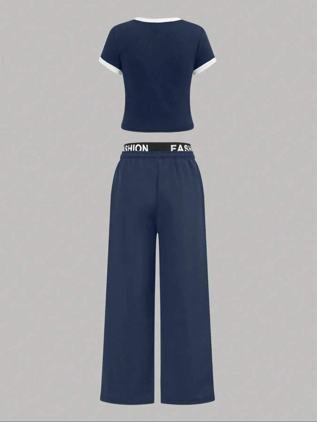 Hot-girl Style Contrast Binding Short Top and Letter Tape Wide Leg Pants, Women's Black & White Two-piece Set
