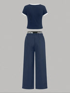 Hot-girl Style Contrast Binding Short Top and Letter Tape Wide Leg Pants, Women's Black & White Two-piece Set