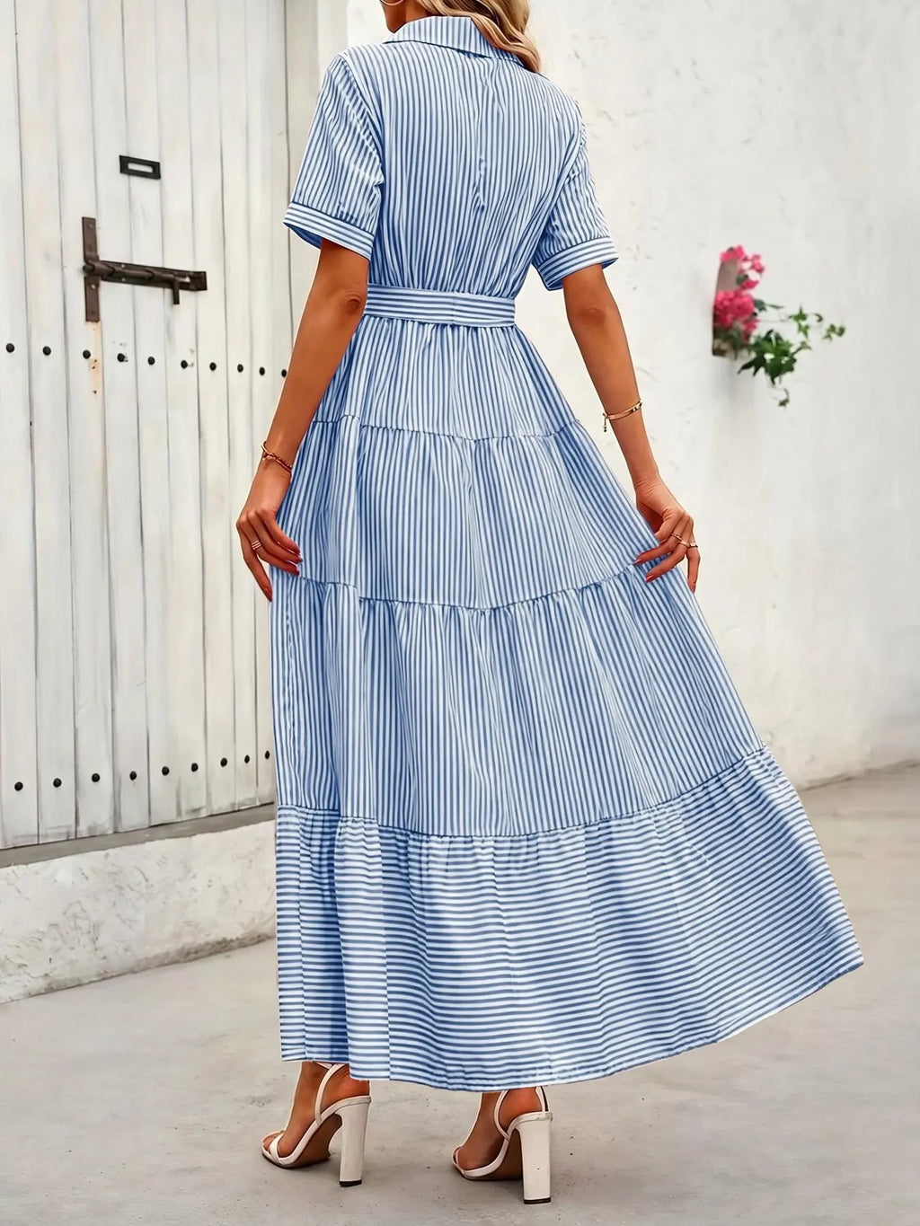 Women's Striped Print Adjustable Belted Button Dress, Elegant Chic Casual Fashion Long Dress for Summer, Breathable Lightweight Dress, Women's Clothing for Daily Wear, Fit, Womenswear, Maxi