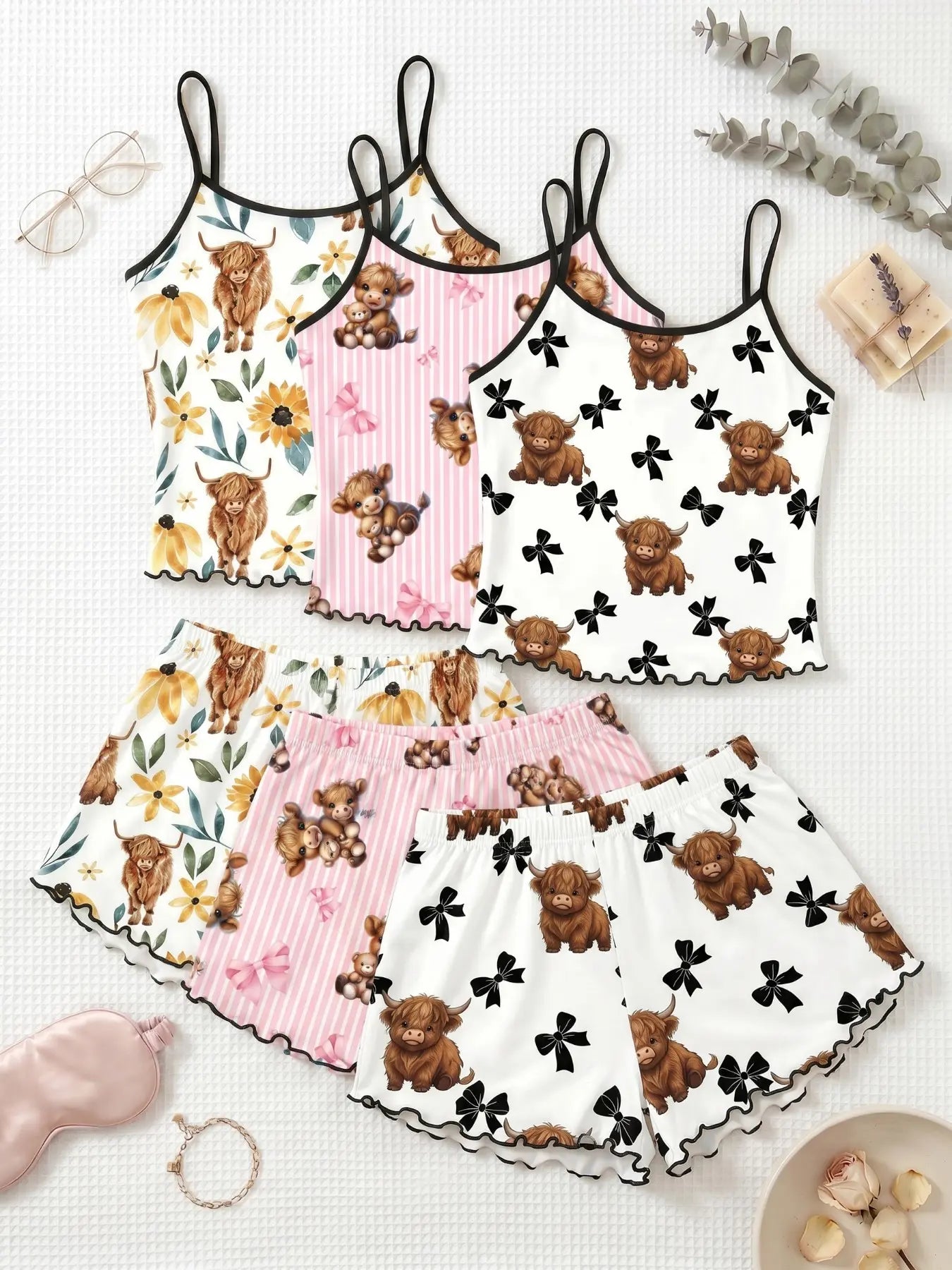 Cherry Print Halter Short Pajamas, Ruffle Trim Design, Sweet Girl Style, Breathable Home Sleepwear, 3-Piece Set
