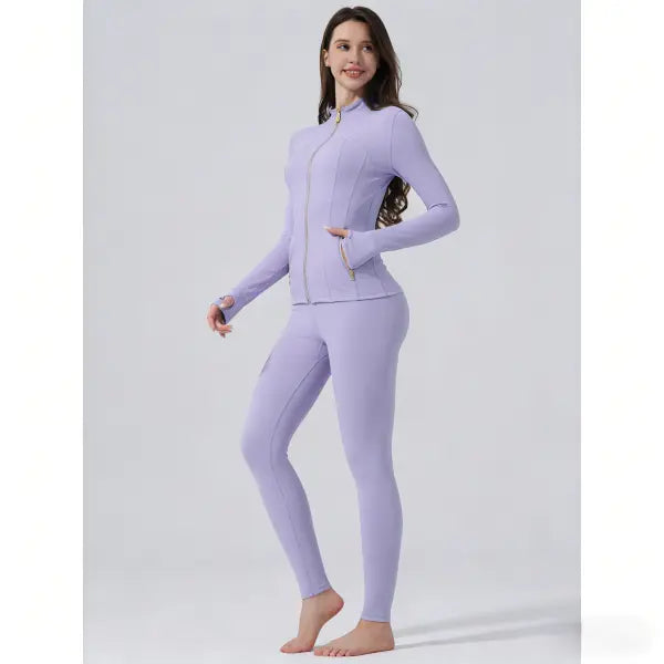 【Golden Zipper】Soft Brushed Women's Sport | Yoga | Quick-dry | Workout Jacket & High Waisted Cropped Leggings. Golden Zipper Jacket with Pockets, Yoga Pants, Thumbholes Design, Casual Slim fit Wear for Women