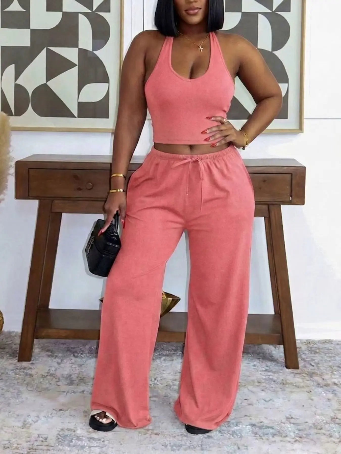 Summer Women's Halter Neck Slimming Top & Wide-Leg Pants