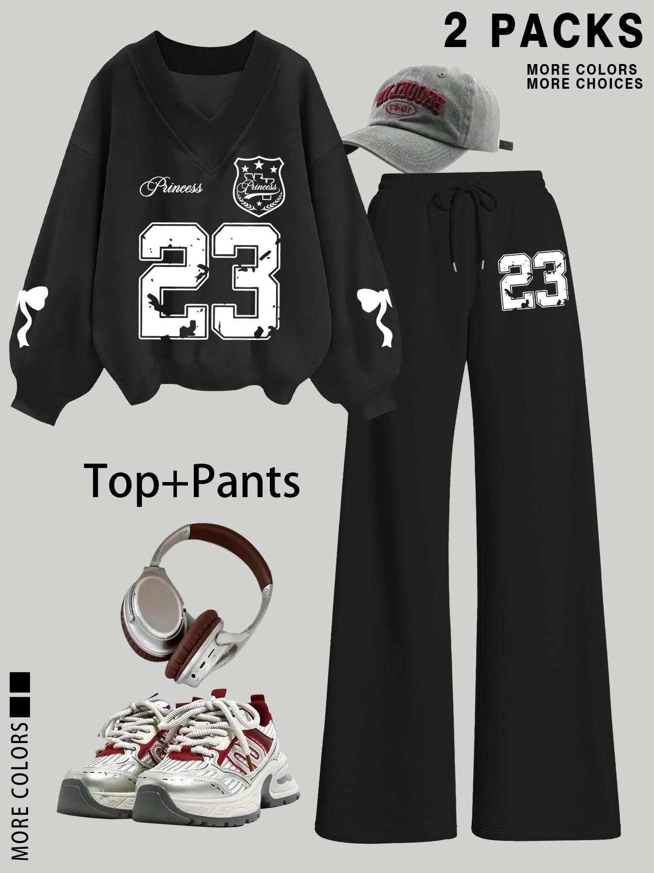 Women's V Neck Sweater Pants Set, Fashionable Digital Bowknot Print, Straight Leg Elastic Waist, Casual Long Sleeve Pullover