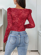 Women's Sexy Lace Trim Long Sleeve Square Neck Slim-Fitting Plain Multi-Color Knit Romper - Slim-Fitting Jumpsuit for Spring & Fall, Womenswear Bodysuit Top
