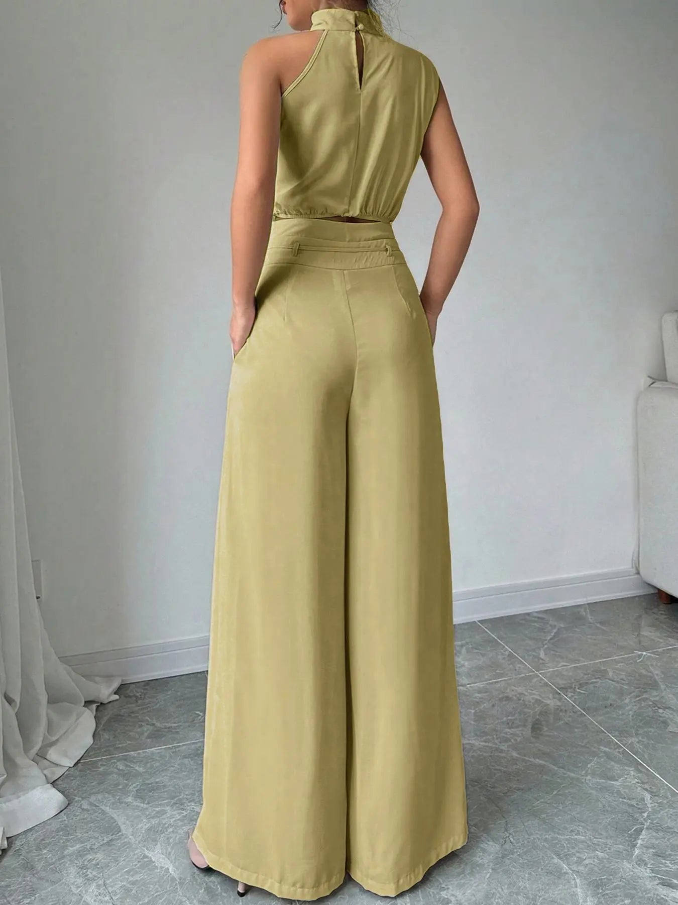 Women's Elegant Two-Piece Set, Irregular Crop Top & Wide-Leg Pants