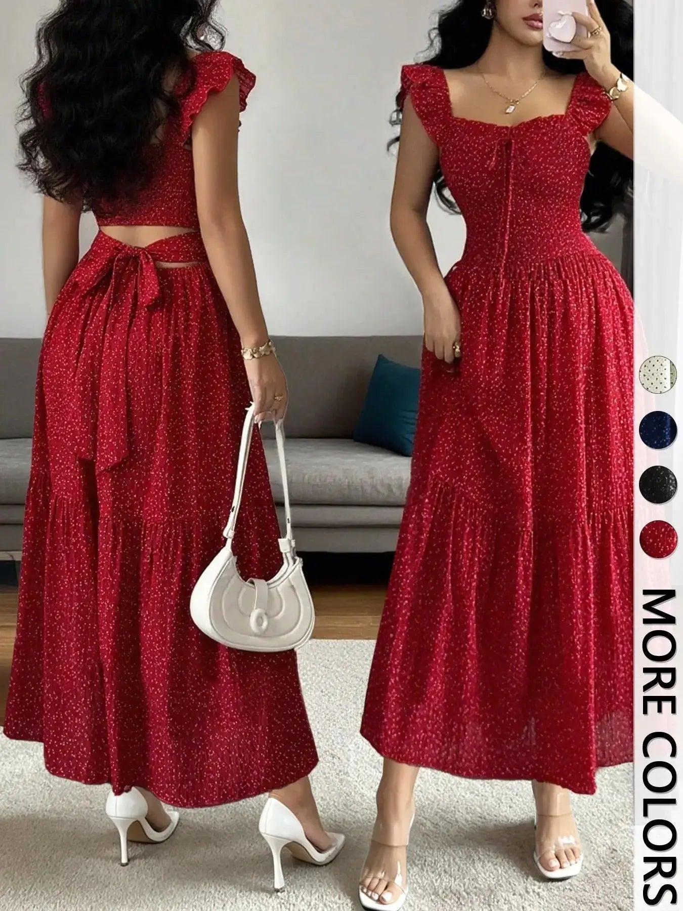 Spring & Summer Ruffled Polka Dot Maxi Dress with Back Tie