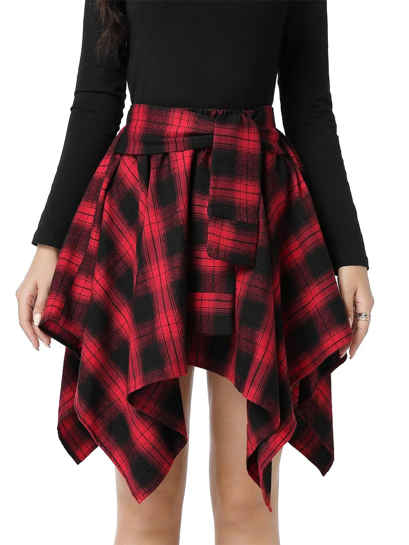 Women's Fashion Woven Plaid Print Asymmetrical Hem High Waisted Skirt
