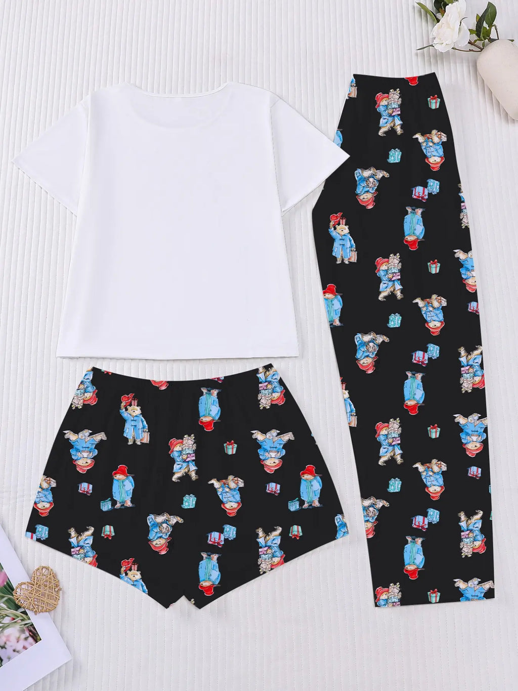 3-Piece Casual Women Pjs Pajama Set with Padding Bear Print