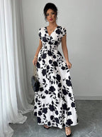 Elenzga Women V-Neck Allover Print Casual Long Dress