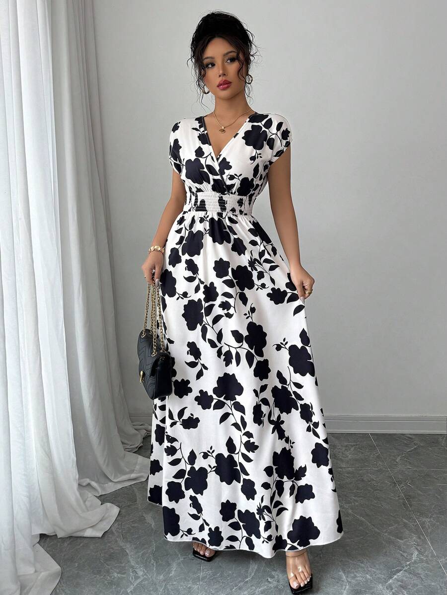 Elenzga Women V-Neck Allover Print Casual Long Dress