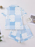 Women's Plaid Floral Bow Print Short Sleeve Shorts Fitted Pajama Set