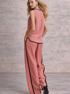 2 Piece Sets Women Minimal Chic Outfit – Sleeveless V Neck Top & Wide Leg Pants, Contrast Trim Linen Set, Elegant Summer Vacation Outfit 2026