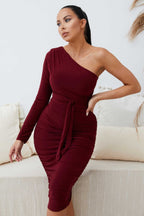 One Shoulder Ruched Slinky Midi Dress