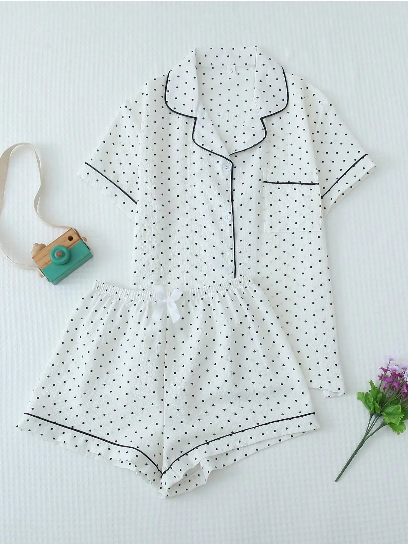 2pcs/Set Women's Mini Polka Dot Printed Pajama Set With Contrast Trim Button-Down Shirt And Bowknot Shorts, Perfect For Home Wear In Summer White Set,Two Pieces Set