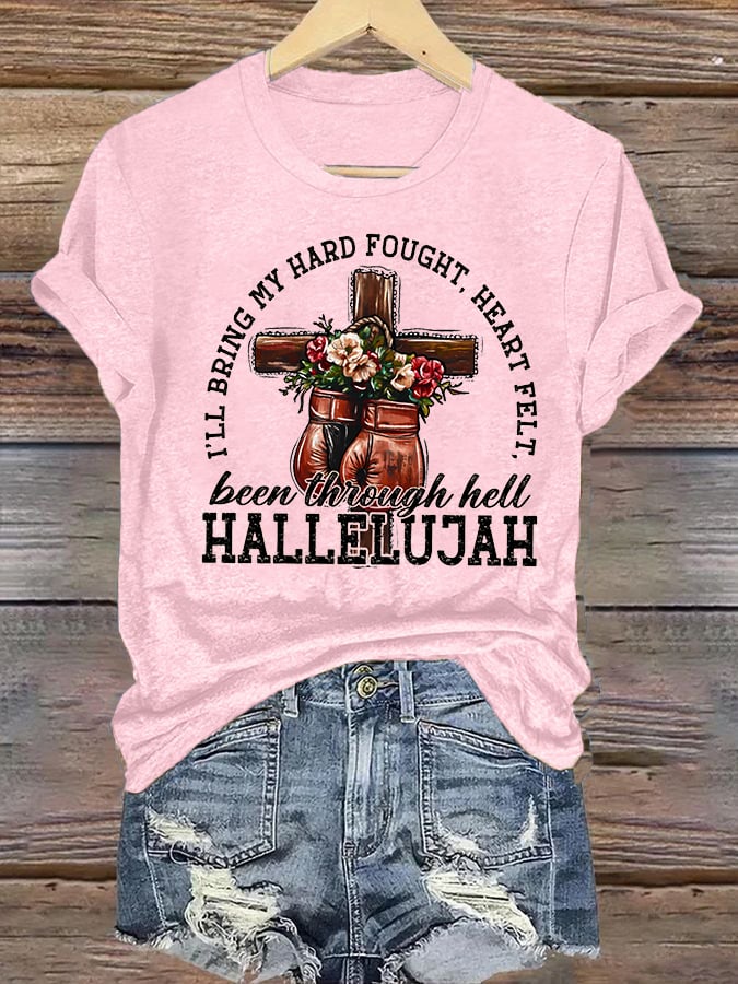 Women's  I'll Bring My Hard Fought Hallelujah Christian Cross Boxing Gloves T-Shirt