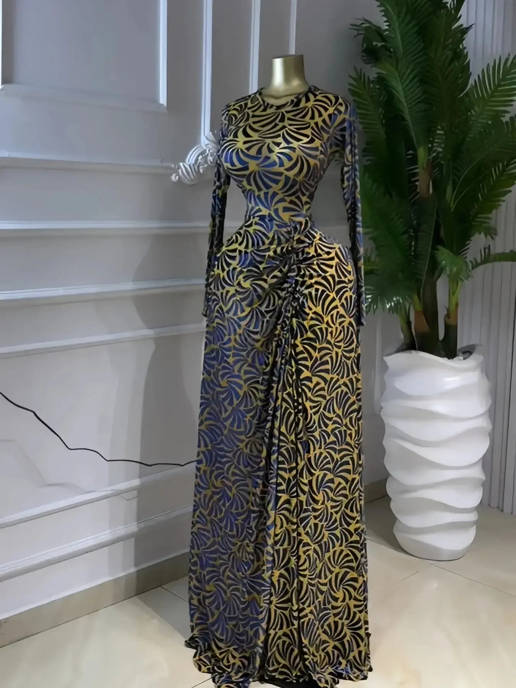 Elegant Women's Print Ruffle Stacked Long Prom Dress, Vacation Birthday Party Outfit Evening Gown, Female Fashion Music Festival Dress, Lady Mesh Sheer Slit Skirt, Evening Dresses