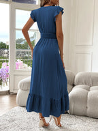 Women's Shirred V Neck Dress - Elegant Casual Summer Wear