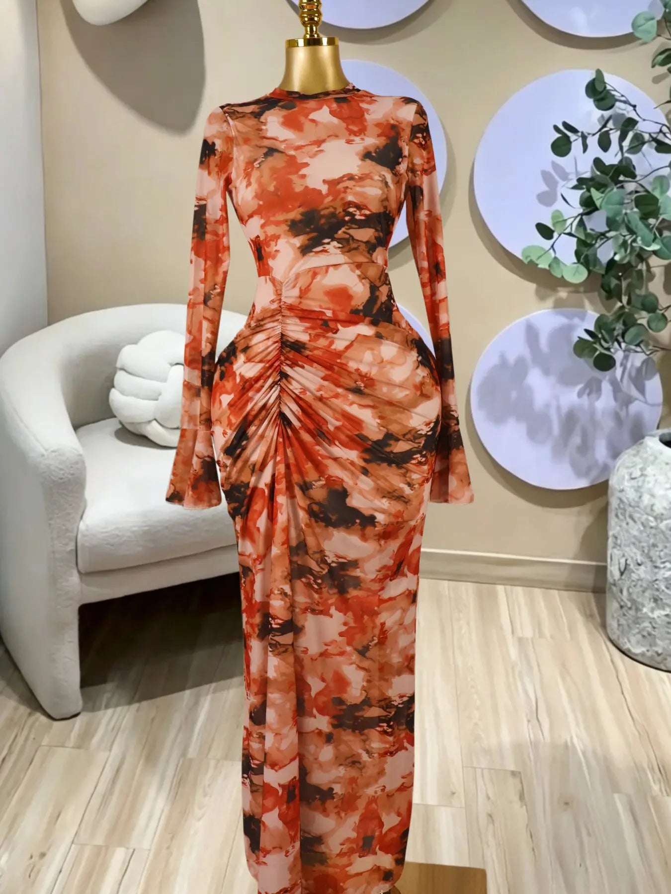 Elegant Women's Printed Long Sleeves O-Neck Tiered Bodycon Long Prom Dress, Fashion Street Vacation Party Outfit Evening Gown, Lady Casual Dresses,Female Brunch Dresses