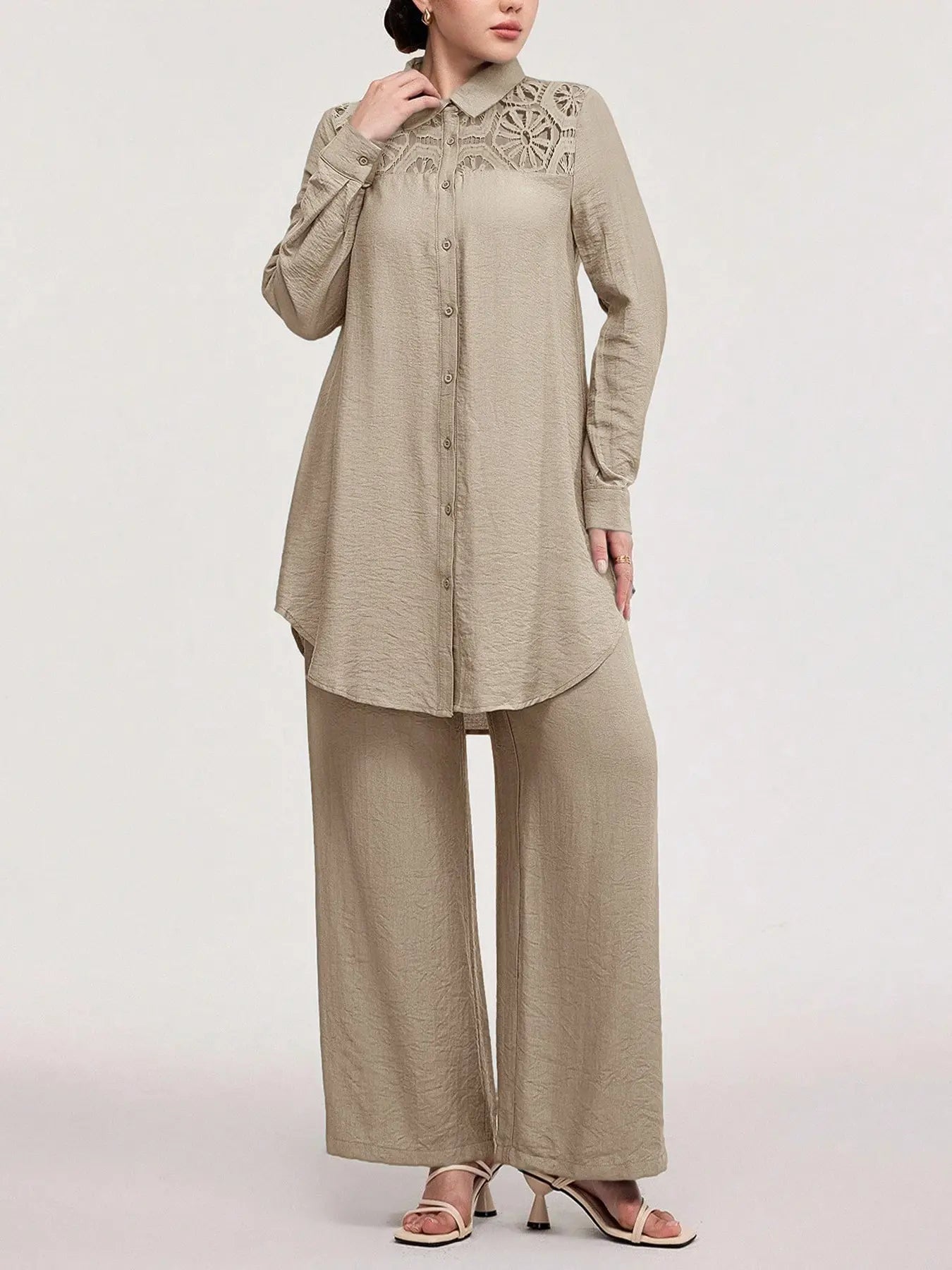 Women's Casual Two-Piece Set, Hollow-Out Top and Loose-Fit Pants