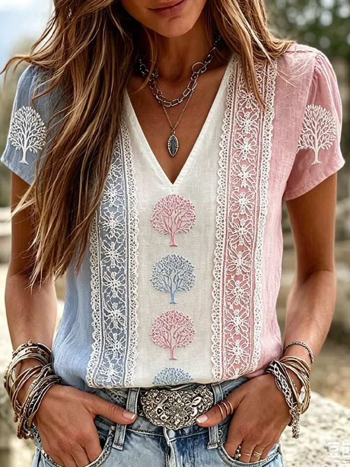 Women's Casual Retro Short-Sleeve Top with Floral Breast Cancer Awareness Print