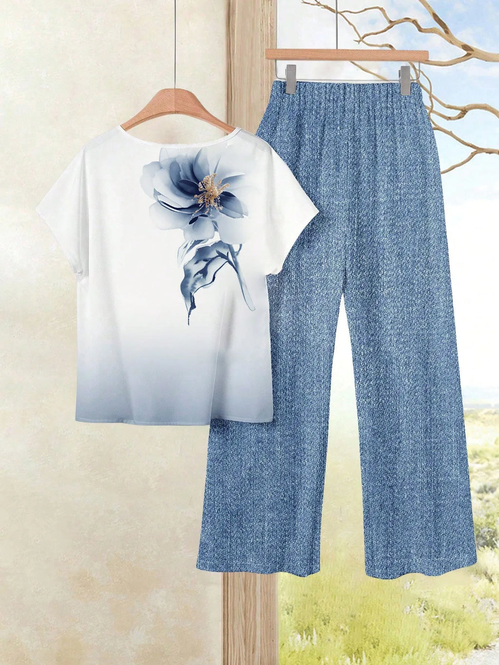 Women's Navy Blue Floral Summer Boho Casual Vacation Holiday 2 Pieces Outfits Plants-Pattern Pants And Round Neck Batwing Sleeve Blouse Woven Set