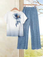 Women's Navy Blue Floral Summer Boho Casual Vacation Holiday 2 Pieces Outfits Plants-Pattern Pants And Round Neck Batwing Sleeve Blouse Woven Set