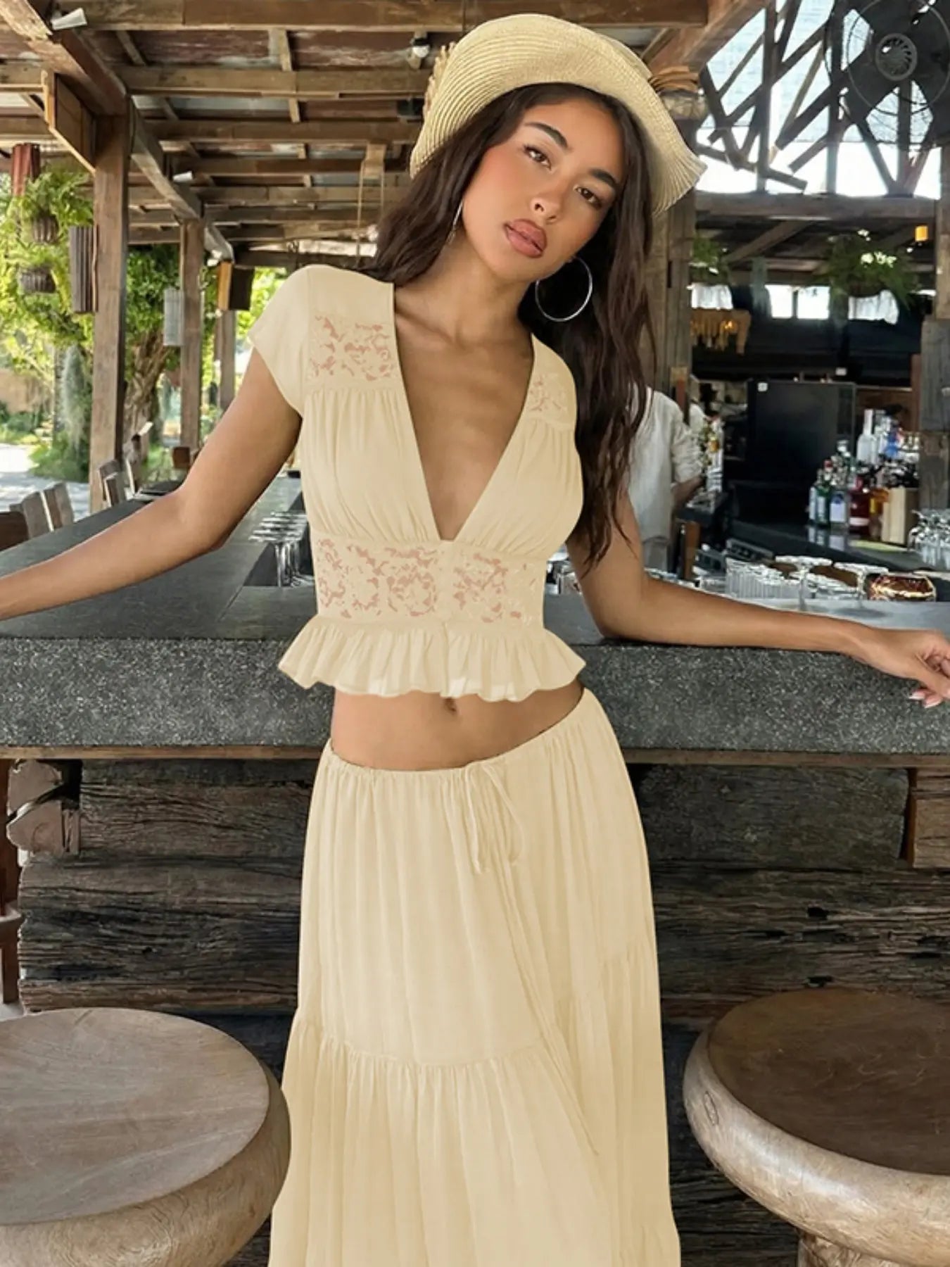 Women Summer Short Sleeve V Neck Tops Long Skirt Beach Vacation Chiffon Two Piece Set Outfit