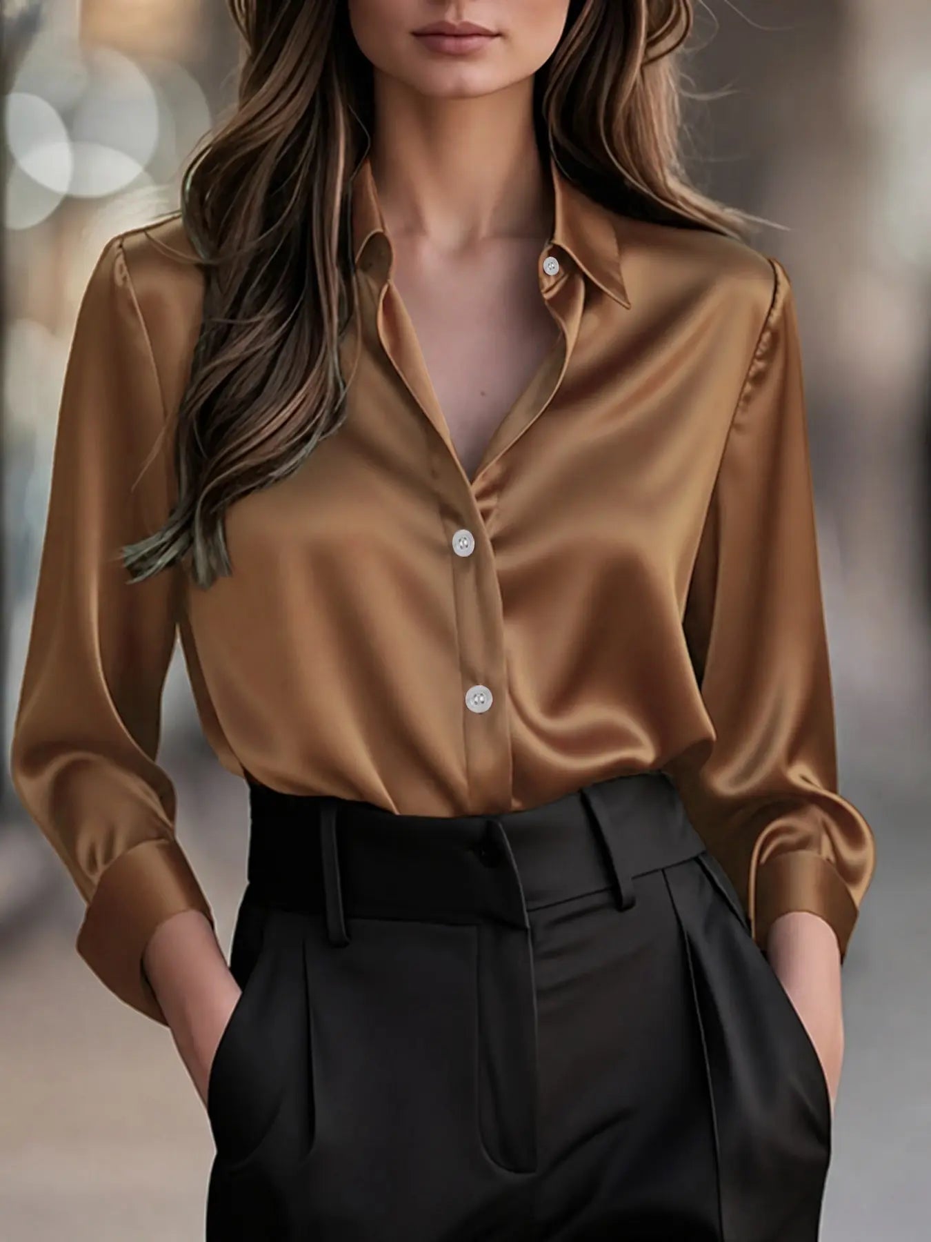 Women's Versatile Satin Long-sleeved Fitted Shirt Blouse for Commuting