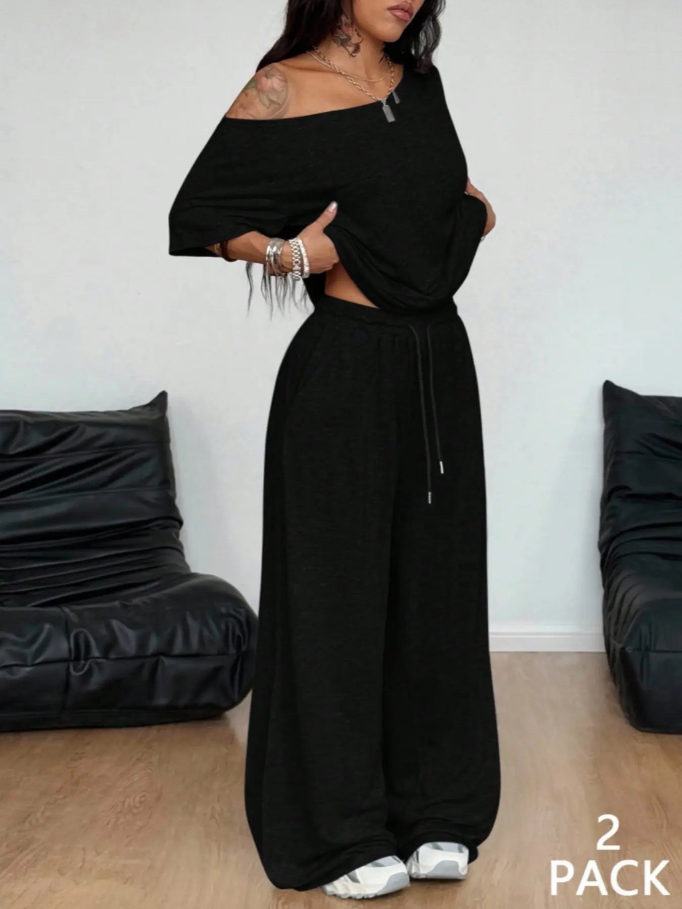 Women's Minimalist Off Shoulder T-Shirt & Wide Leg Pants Set