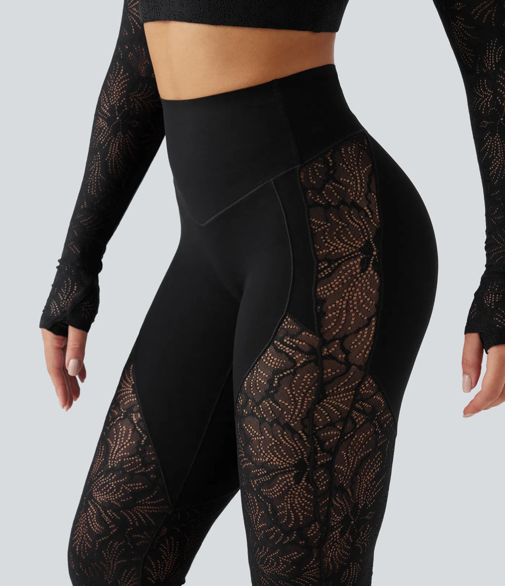 UltraSculptTM High Waisted Tummy Control Contrast Lace Yoga Flare Leggings with Pocket