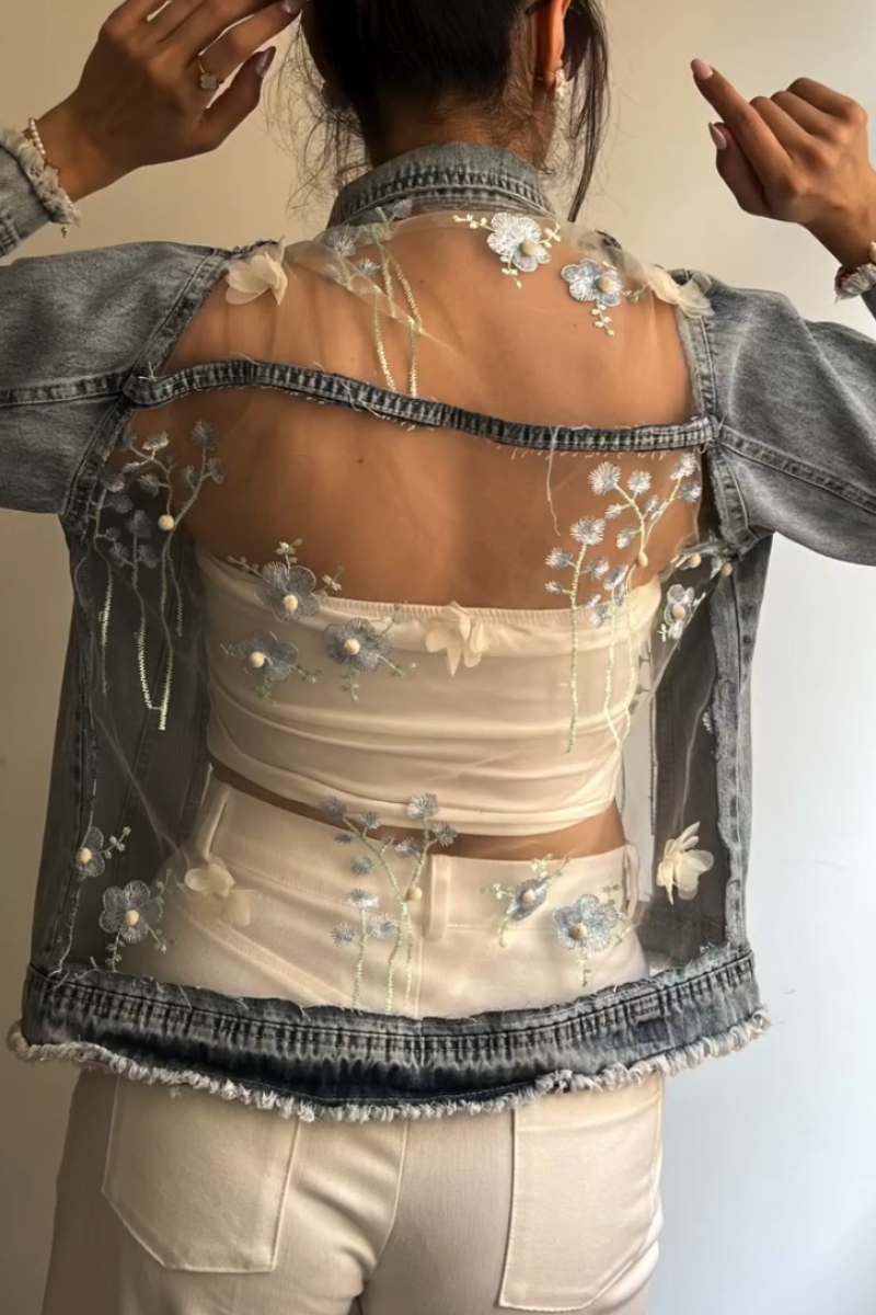 Women Collar Splicing Perspective Flower Casual Denim Jacket