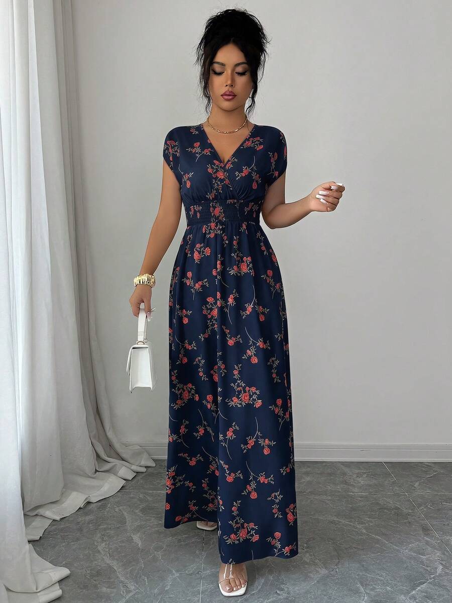 Elenzga Women V-Neck Allover Print Casual Long Dress