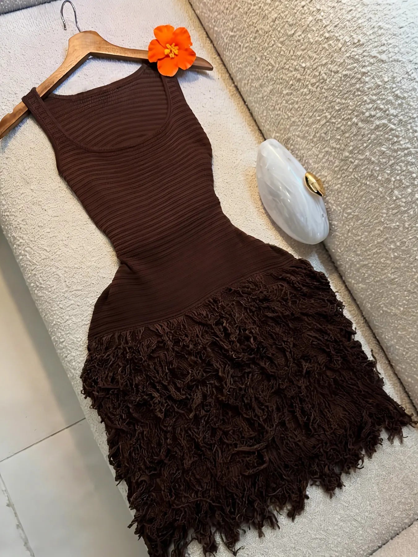 Elegant Knitted Bodycon Dress, Summer Vacation Fringe Skirt