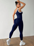 Women's Colorblock Asymmetrical Neck Sleeveless Yoga Jumpsuit