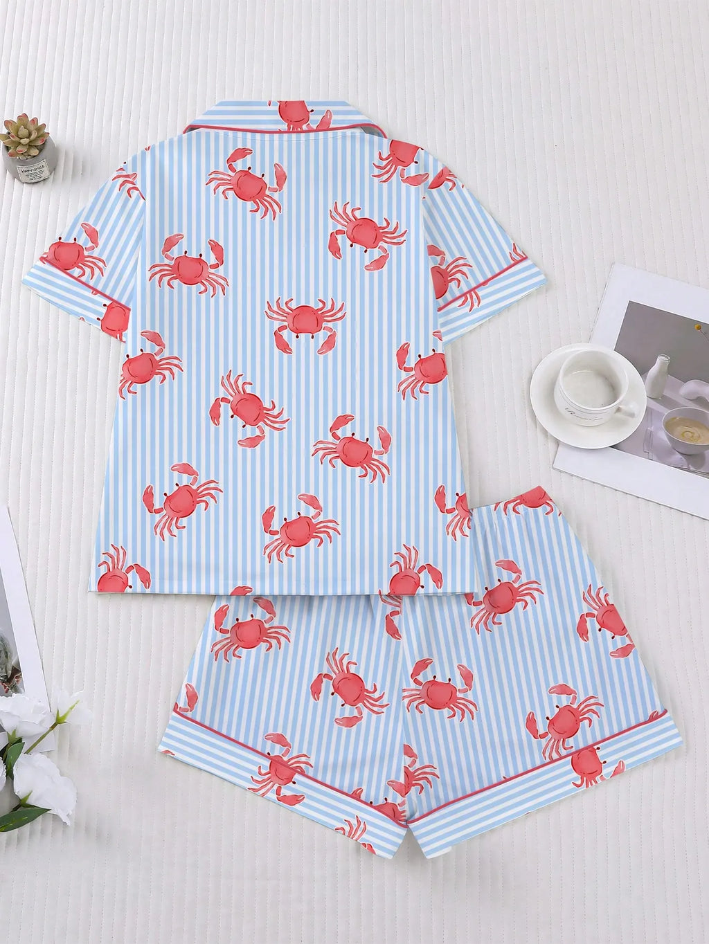 2pcs Women's Pajama Set, Striped Crab Print, Women's Loungewear, Spring/Summer Holiday Outfit, Short Sleeve Lapel Top And Shorts Set Suitable For Outdoor Wear